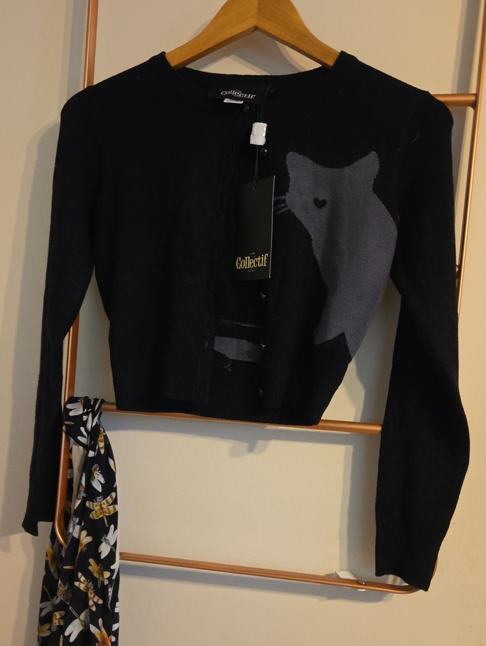 Collectif Black Cropped Cardigan with Gray Cat Motif